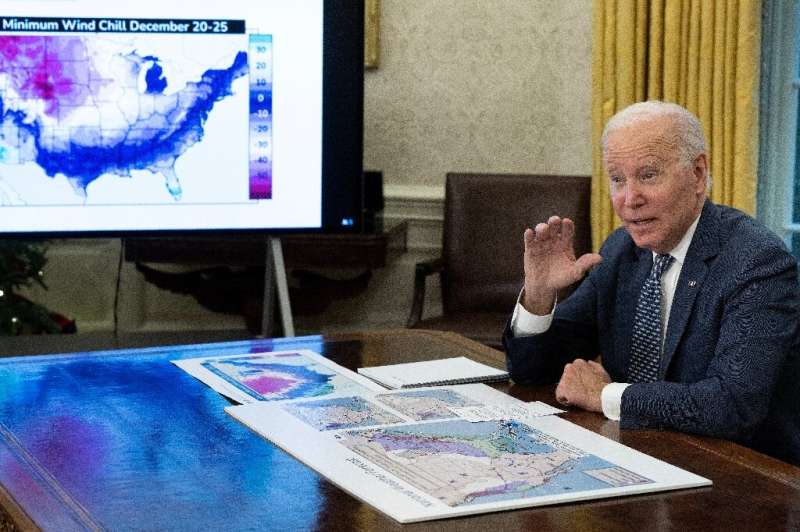 President Joe Biden speaks during a White House briefing on the winter storm system traversing the United States