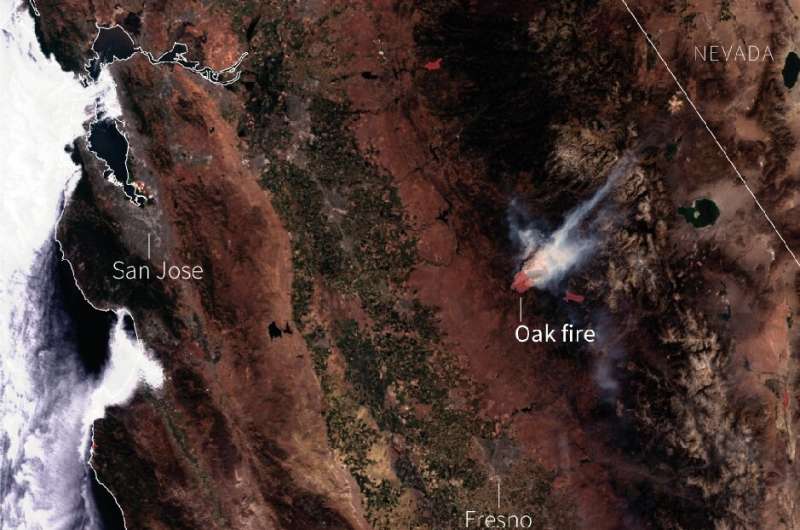Satellite photo showing the Oak fire in California, in the United States