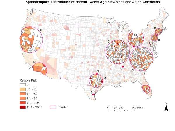 Spatial distribution of anti-Asian hate tweets during COVID-19