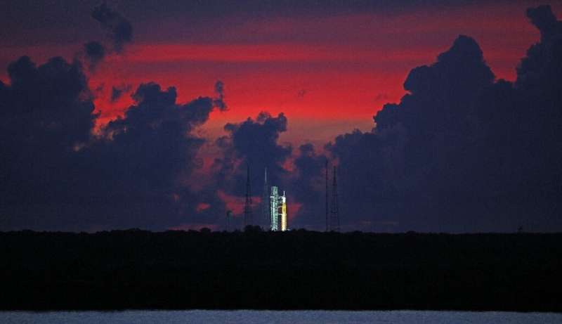 The Artemis 1 rocket on Launch Pad 39B at the Kennedy Space Center