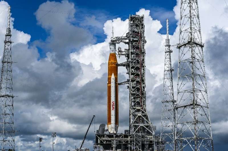 The Artemis I unmanned lunar rocket sits on the launch pad at the Kennedy Space Center in Cape Canaveral, Florida, on August 25,