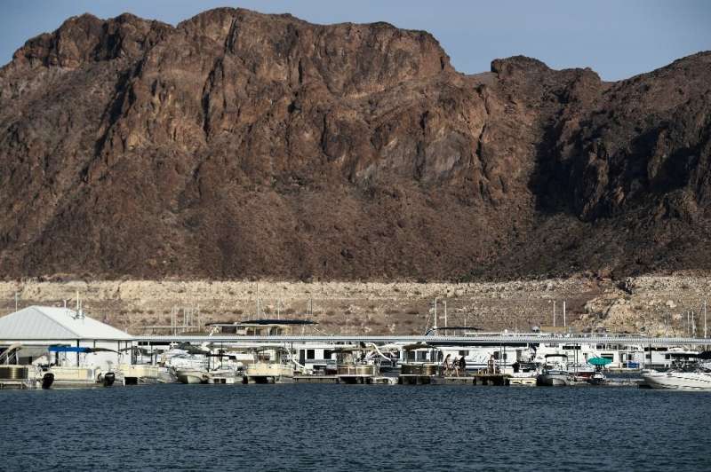The bathtub ring of Lake Mead during low water levels due to the western drought at the Lake Mead Marina on the Colorado River i