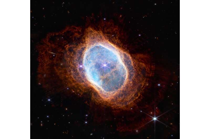 The brighter star is the companion of the white dwarf which has ejected the gas and dust that forms the surrounding cloud