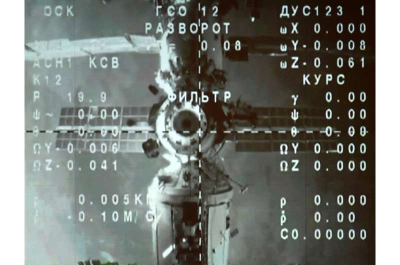 The International Space Station (ISS) is seen on a monitor after a Soyuz MS-20 space craft undocked from the ISS, starting the l