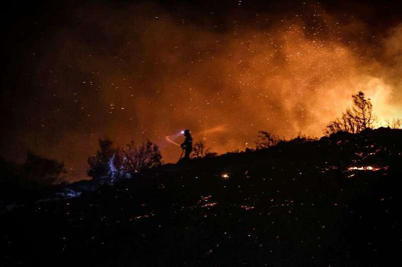The wildfires on the foot of Mount Penteli north of Athens were fanned overnight by winds