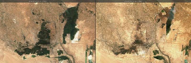 Esta combinación de imágenes satelitales muestra la región de las marismas del sur de Irak asoladas por la sequía, incluida Huwaizah (sin