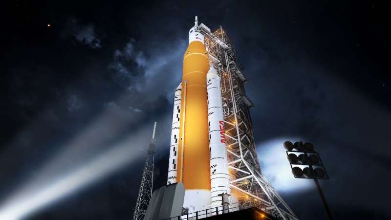 This handout illustration courtesy of NASA released on October 22, 2020 shows Nasa's new rocket, the Space Launch System (SLS), 