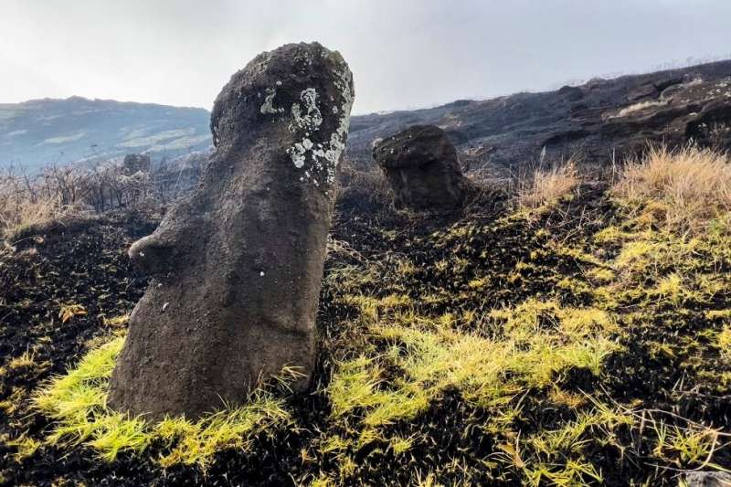 This handout picture released by the Rapa Nui municipality shows moai -- stone statues of the Rapa Nui culture -- affected by a 