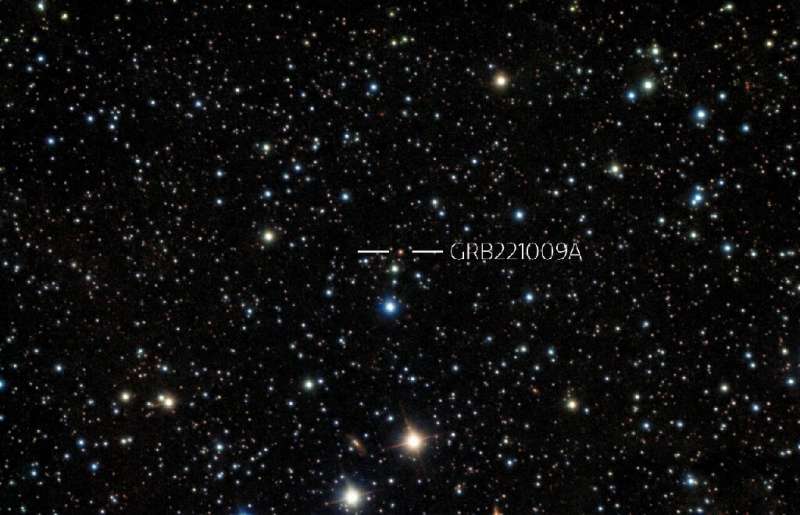 Den här bilden tillhandahållen av Noirlab den 14 oktober 2022 visar rekordstora Gamma-Ray-sprängningar fångade med Gemini South i Chile