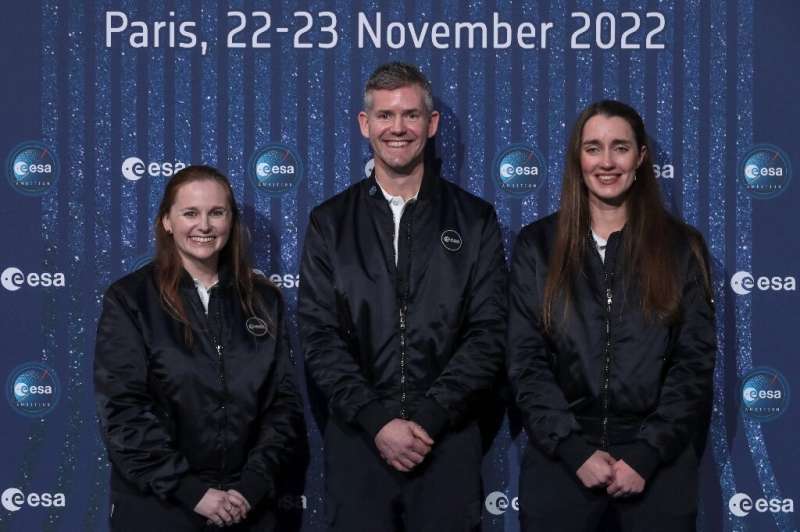UK's Rosemary Coogan, right, is one of the ESA's new career astronauts, while Paralympian doctor John McFall, centre, became the