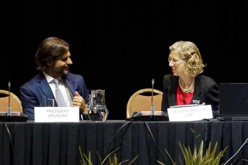 Uruguay's President Luis Lacalle Pou speaks with the Executive Director of the UN Environment Programme, Inger Andersen, at the 