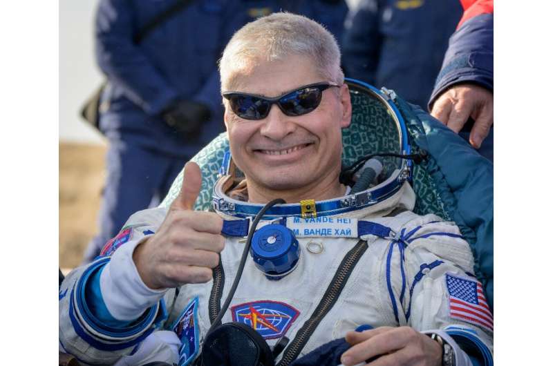 US astronaut Mark Vande Hei is seen in a NASA handout picture after the landing of the Soyuz MS-19 space capsule from the Intern