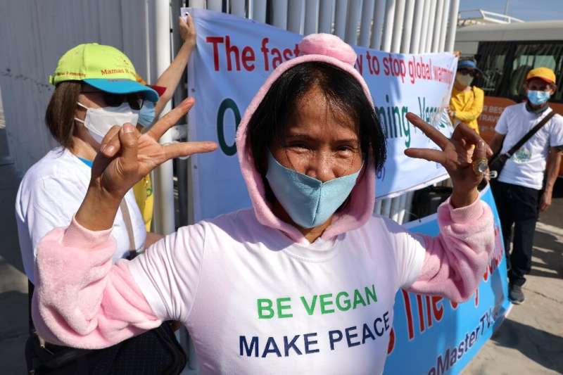 Vegan activists demonstrate on the first day of the 27th United Nations Climate Change Conference, held in the Egyptian Red Sea 