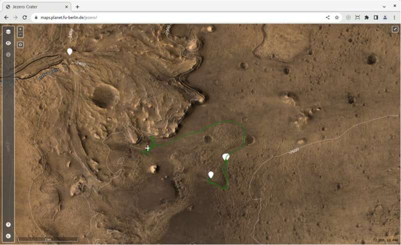 Virtual hiking map of Jezero crater, Mars 2020 Perseverance vehicle landing site