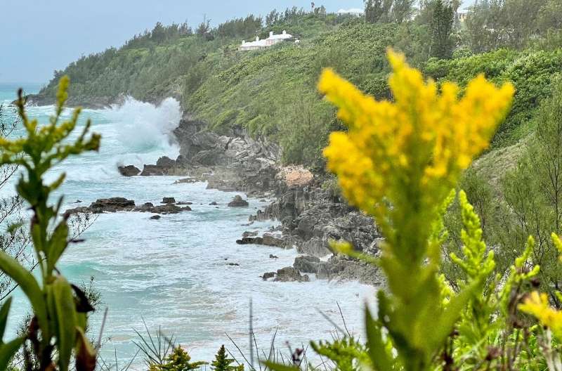 Waves hit the shoreline at popular dive site Church Bay, Bermuda, ahead of Hurricane Fiona on September 22, 2022.