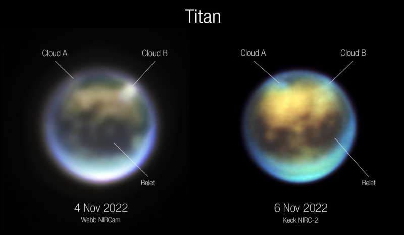 Los telescopios Webb y Keck están colaborando para rastrear nubes en la luna Titán de Saturno