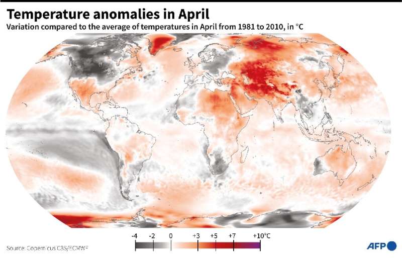 World map of temperature anomalies in April show the month-long heatwave in India and Pakistan