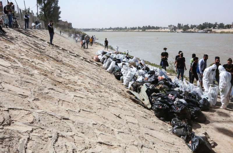 Iraqi youths are participating in a clean -up operation on the banks of the Tigris River, an environmental project in the war.