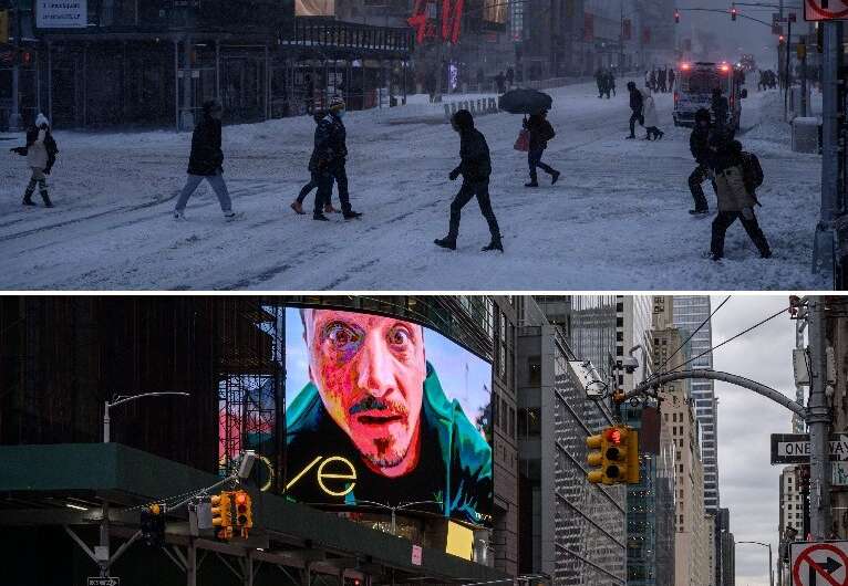 A combo of photos taken on January 29, 2022 (top) and January 26, 2023 (bottom) Times Square in snow and without the white stuff