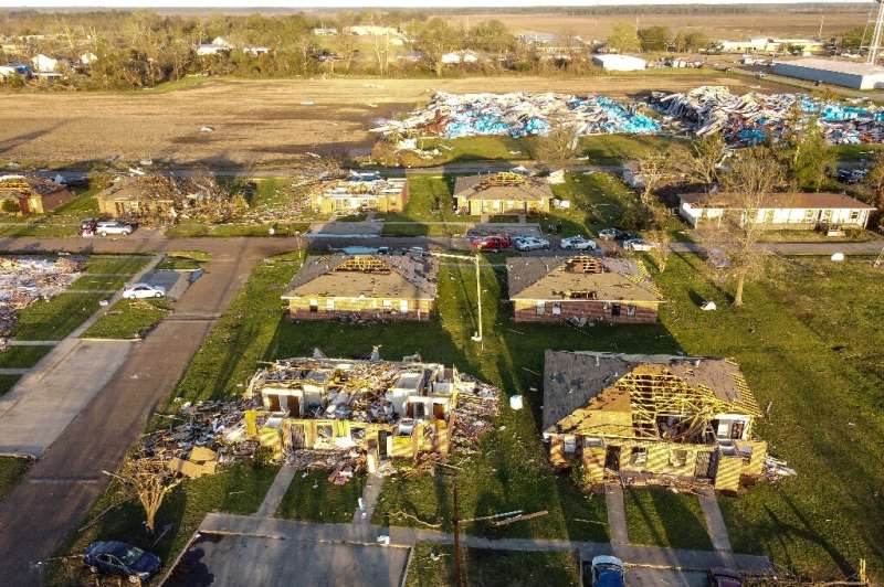 A destroyed neighborhood in Rolling Fork, Mississippi is seen on March 25, 2023 after a tornado touched down