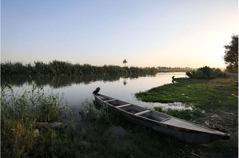 Un barco de pesca está amarrado a orillas de un brazo del río Éufrates en la ciudad iraquí de Al-Hamza.