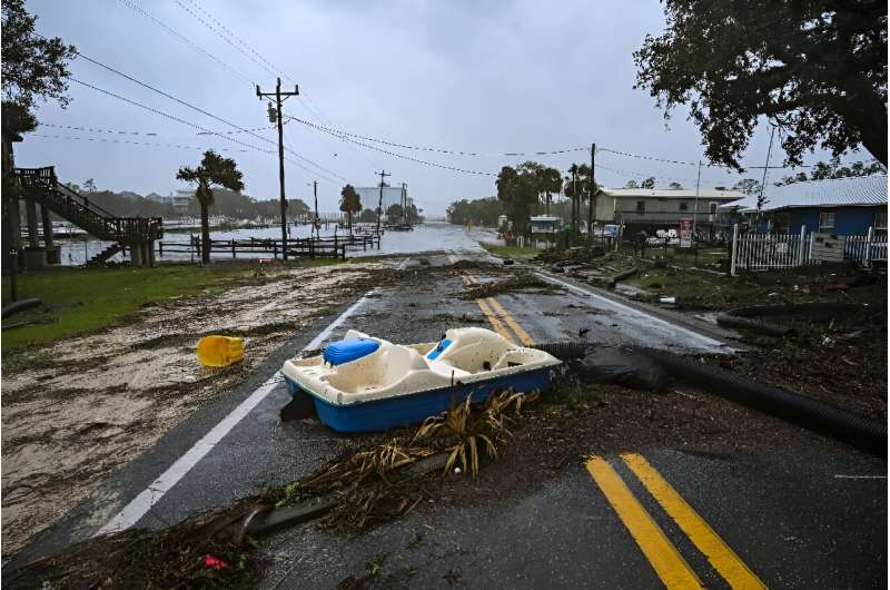 A flooded street is seen near the Steinhatchee marina in Florida on August 30, 2023