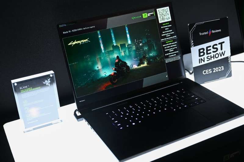 A gaming laptop is displayed at the Razer booth