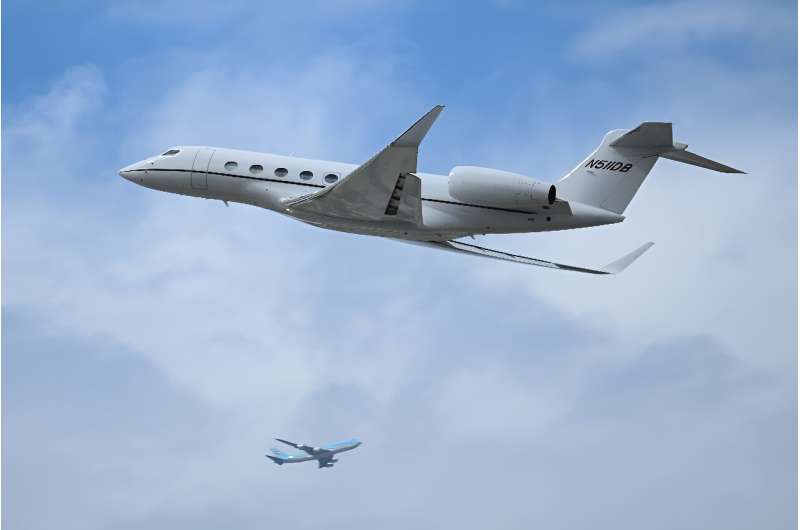 A Gulfstream G650 private jet takes off from Los Angeles International Airport (LAX) as seen from El Segundo, California; Oxfam is calling for a progressive climate policy that taxes the wealthiest carbon emitters at a higher rate
