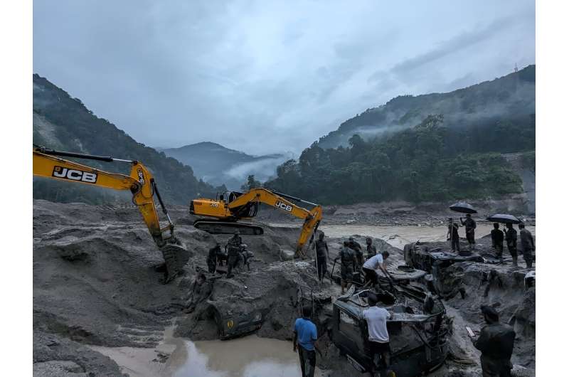A handout picture from India's Ministry of Defence shows army personnel searching for missing soldiers after a glacial lake burst in northeast Sikkim state, killing at least 10 people. Another 102 are missing