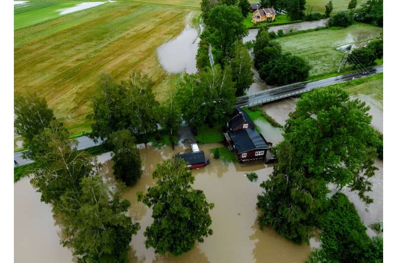 A home partially submerged in Lena, eastern Norway on Tuesday