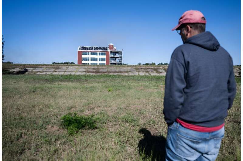 A Louisiana man looks at a grass-covered field that would normally be underwater; the Mississippi River has been at record low levels