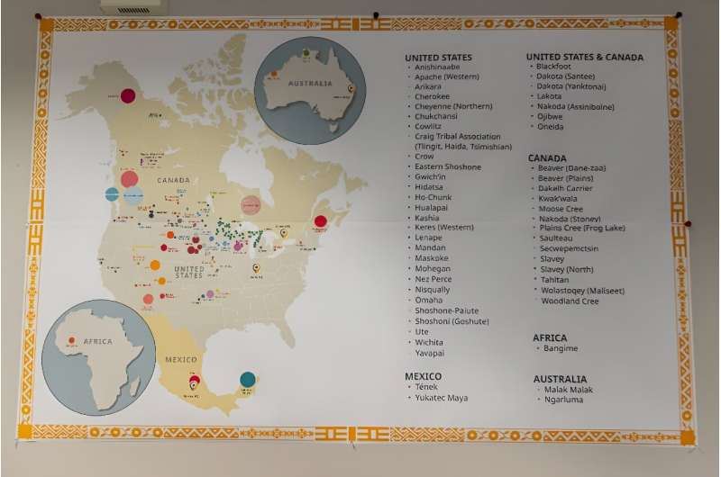 A map showing the regions of North America where language conservation efforts are conducted is displayed at the conference in Bloomington