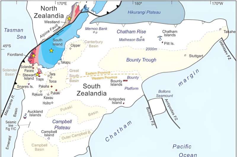 A newly refined map of Zealandia drawn using study of dredged rock samples