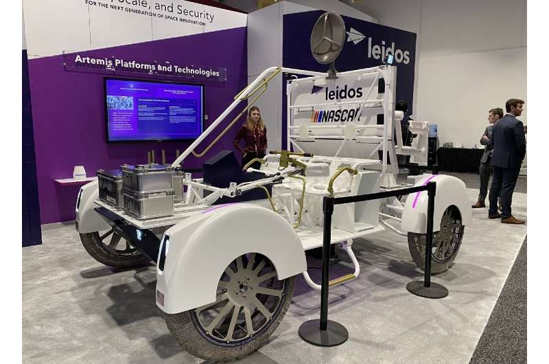 A prototype of a Moon rover developed by Leidos and Nascar is revealed at the Space Symposium in Colorado Springs