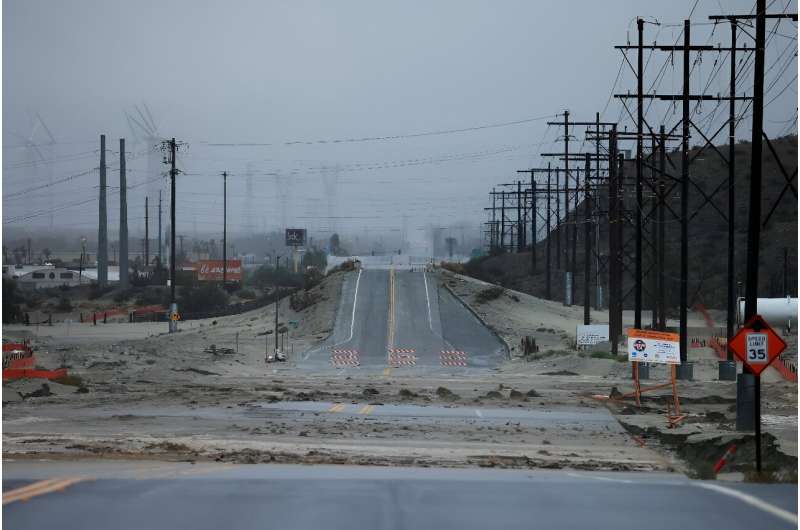A road is washed in Palm Springs, California, on August 20, 2023 due to Tropical Storm Hilary