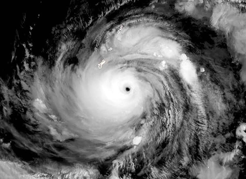 A satellite image showing Typhoon Mawar, as it approached Guam