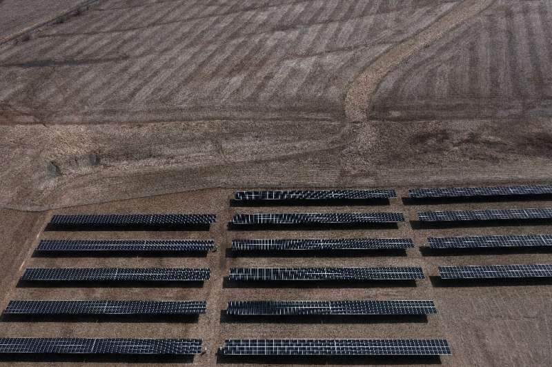 A solar farm covers a field in New Florence,  Missouri