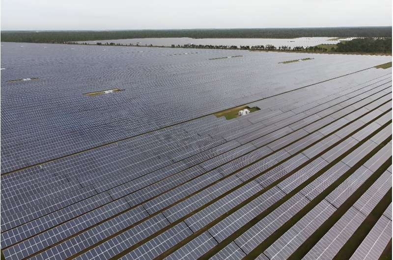 A solar farm powers most of the energy needs of Babcock Ranch, a sustainable city in the US state of Florida