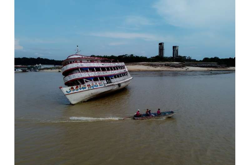 A stranded ferry boat at the Marina do Davi in the Negro river, near the city of Manaus, Amazonas State, which experiencing a drought