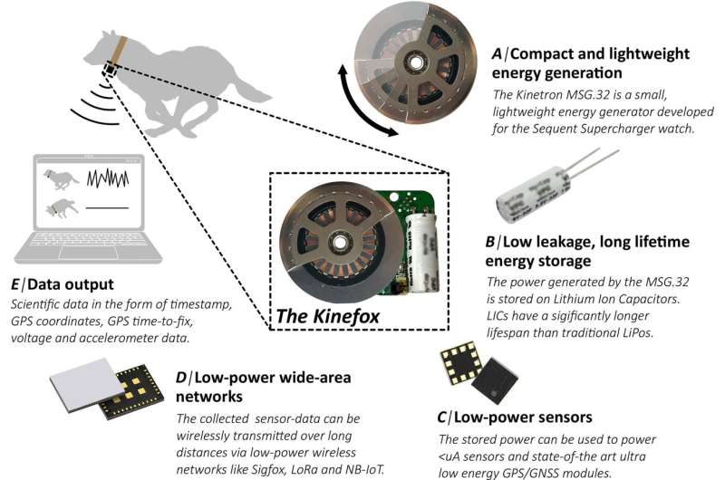 A tracking device that uses animal movements as a power source