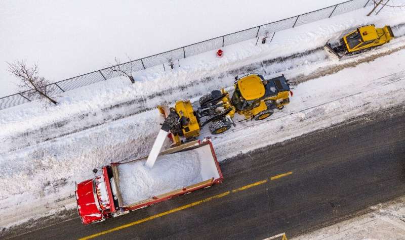 Aerial picture of a snow removal operation in Montreal, Quebec, Canada, in January 2023: in just a few hours, tons of snow are r