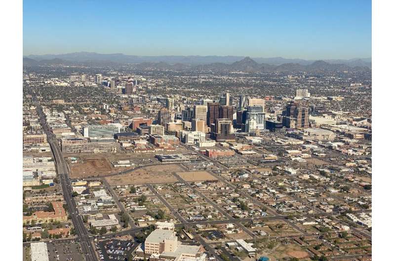 Aerial view of arid downtown Phoenix, Arizona in January 2020