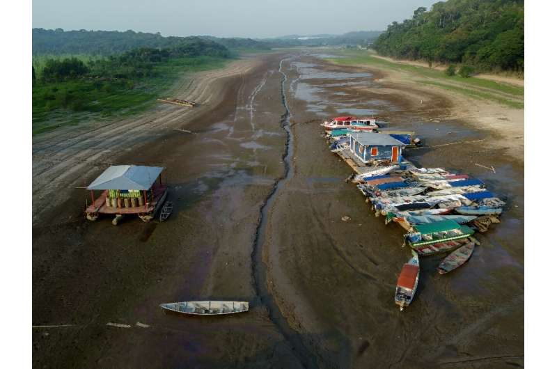 Aerial view of stranded boats and floating boats at Puraquequara Lake in Manaus, Amazonas State, Brazil, taken on October 6, 2023