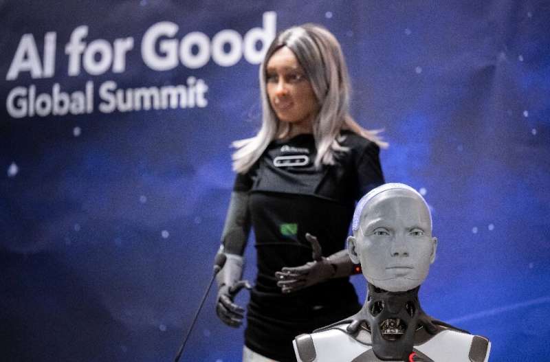 AI-enabled humanoid social robots Mika and Ameca fielded questions at the AI for Good Global Summit press conference