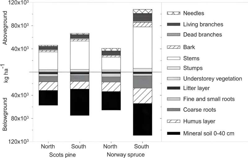 Almost the same amount of carbon is sequestered in mineral soil and stems in heath forests