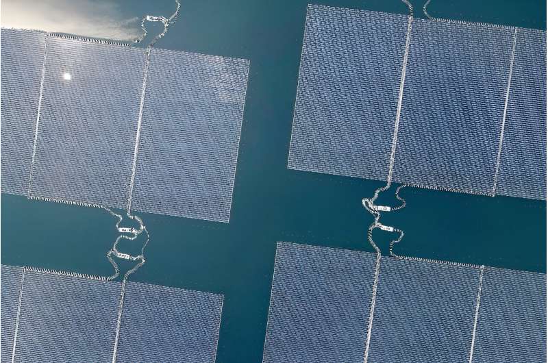 An aerial view of a new 192 MWp floating solar farm, built in West Java by Indonesia and UAE renewable energy firm Masdar and inaugurated by President Joko Widodo