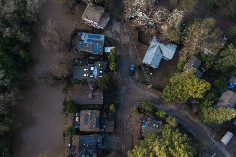An aerial view of Felton,  California, after it was flooded by the San Lorenzo River