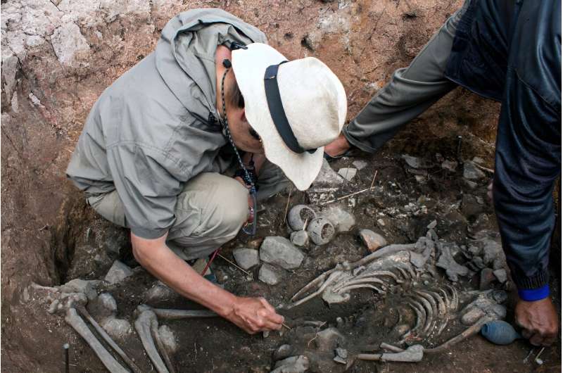 An archaeologist at the 3,000-year-old tomb discovered in August 2023 in Pacopampa, Peru