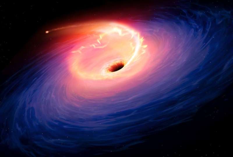 An artist's illustration of a star being sucked into a black hole -- just one theory for what caused the largest explosion astro
