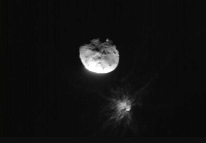 An image of Dimorphos from NASA's DART spacecraft taken moments before it slammed into the asteroid last year